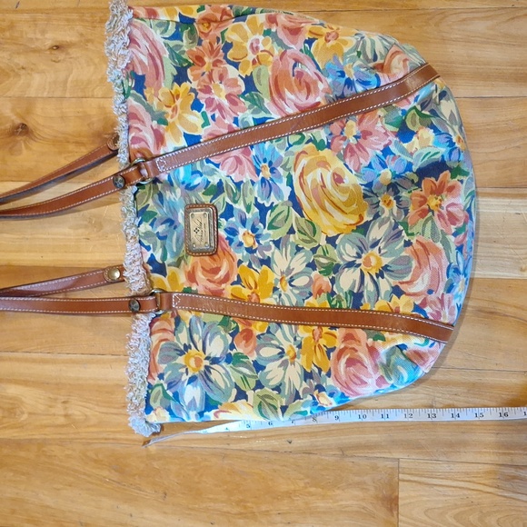 Patricia Nash Floral Canvas Tote With Leather Handles Blue Brown Yellow Pink